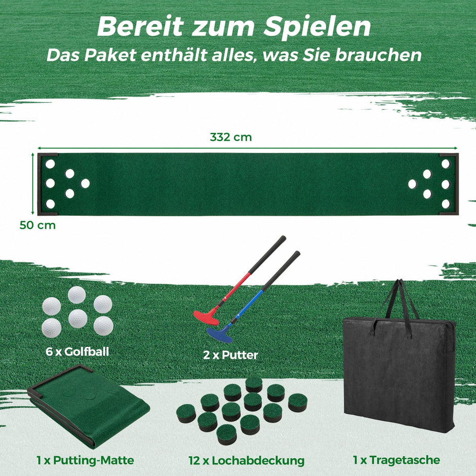Golfputtningsmatta – med justerbara putters och bollar hålskydd Bärbar golfmatta – 2 6 12 332 cm – Grön