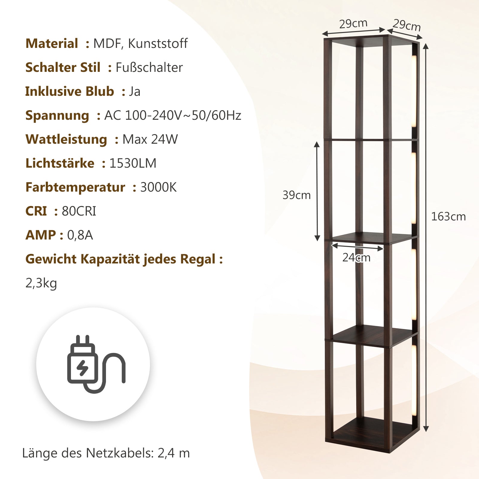 Golvlampa – Hylla Modern Stålampe med stegs dimbara LED lampor – 3 163 cm – Brun