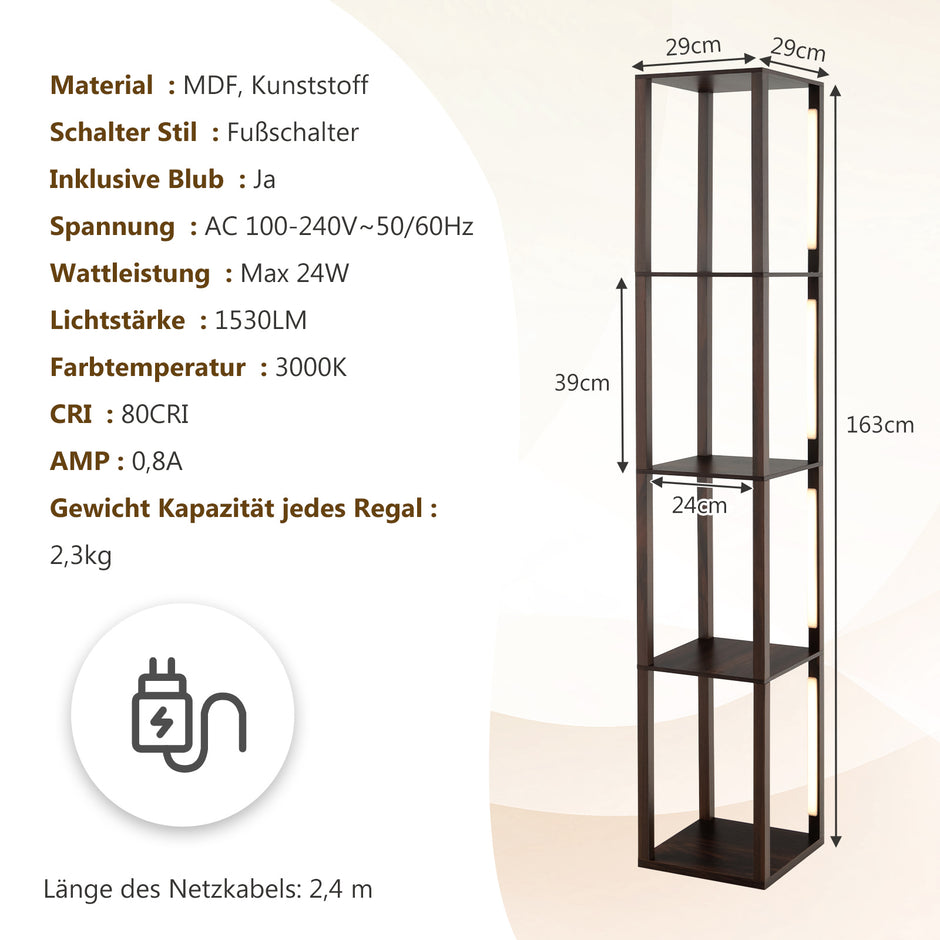Golvlampa – Hylla Modern Stålampe med stegs dimbara LED lampor – 3 163 cm – Brun