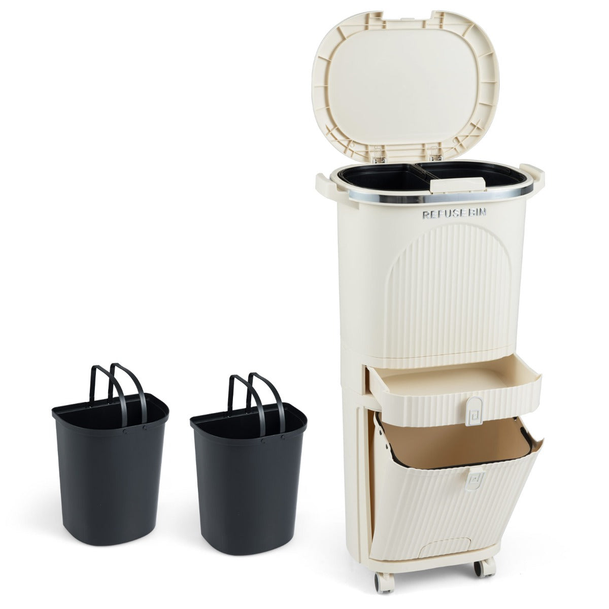 42L – Kökssoptunna med Lock och Fack Trampsoptunna Fotpedal Hjul – 3 – Beige