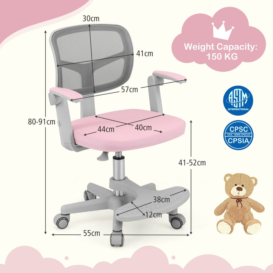 Barnskrivbordsstol – med höjdjusterbar sits barnstol hjul – 41-52 cm – Rosa