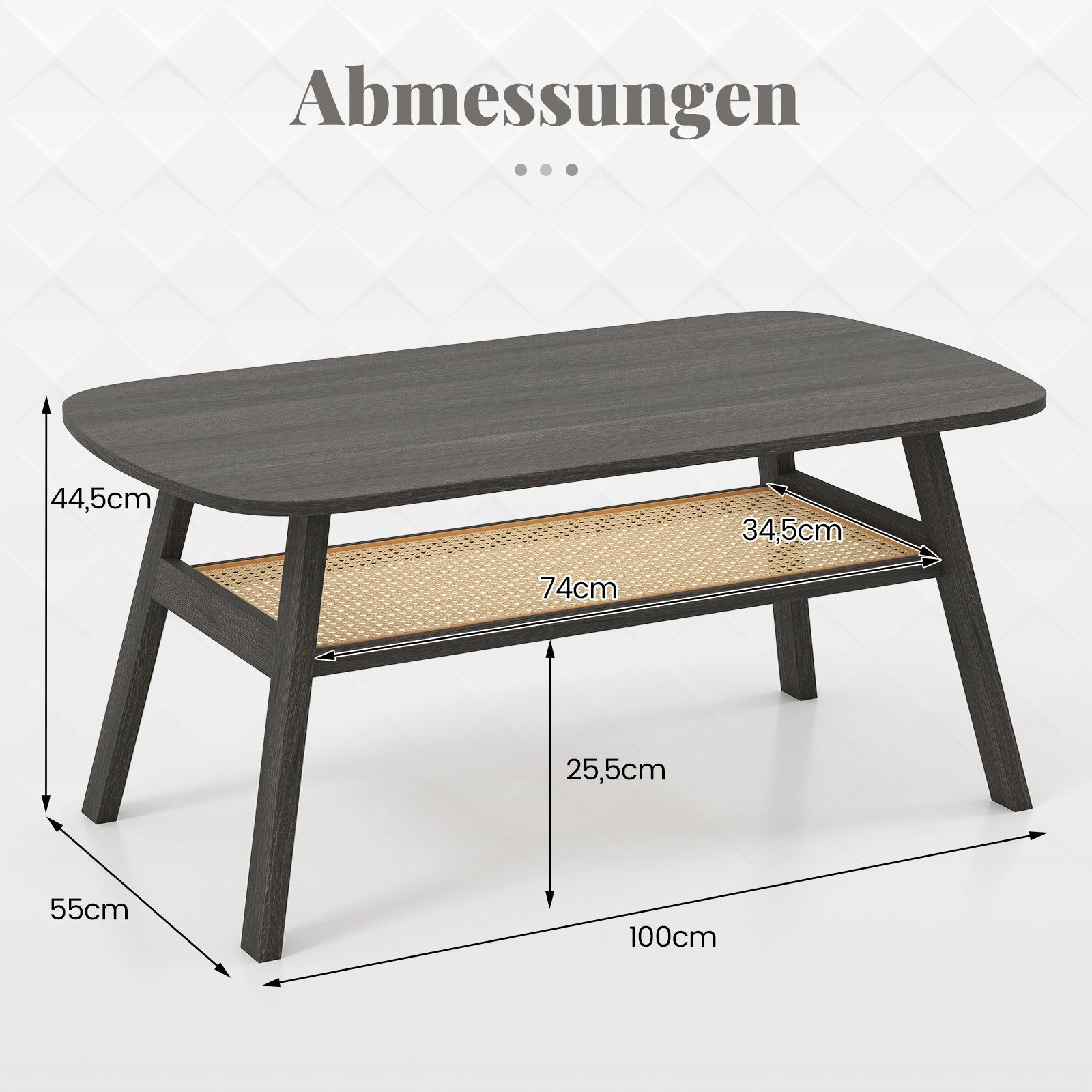 Soffbord – i trä vardagsrumsbord med rattanhylla sidobord nivåer kaffebord rustik – 2 100 x 55 x 44,5 cm – Mörkgrå