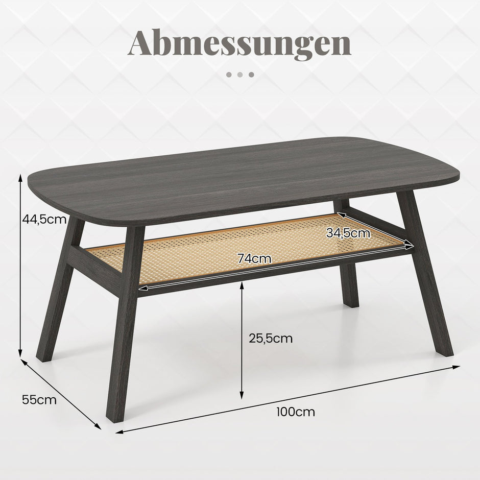 Soffbord – i trä vardagsrumsbord med rattanhylla sidobord nivåer kaffebord rustik – 2 100 x 55 x 44,5 cm – Mörkgrå