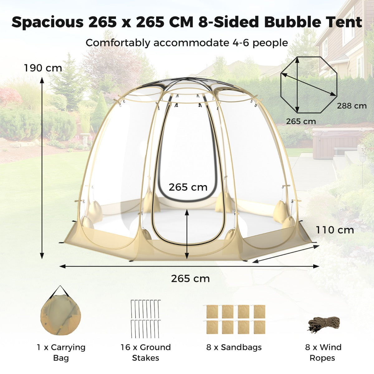 630° – transparent PVC tält Pop Up Bubble Bubbel för personer – 5-6 265 x 265 cm – Genomskinlig