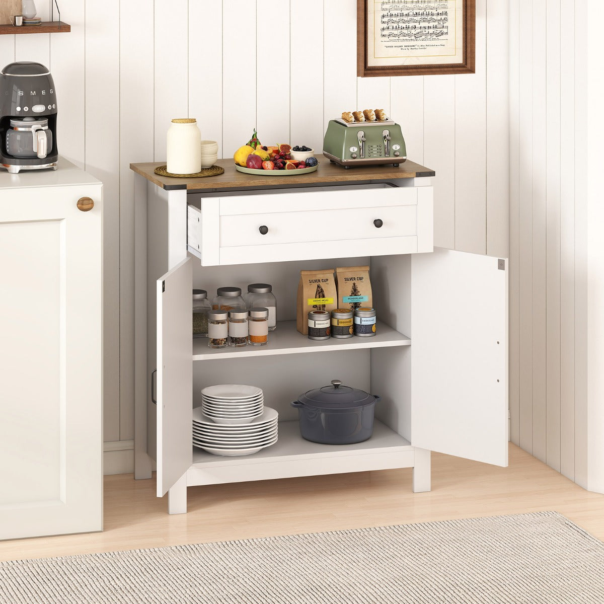Landhaussidobord – med Dörrar och Skåp justerbart Regal – Vit