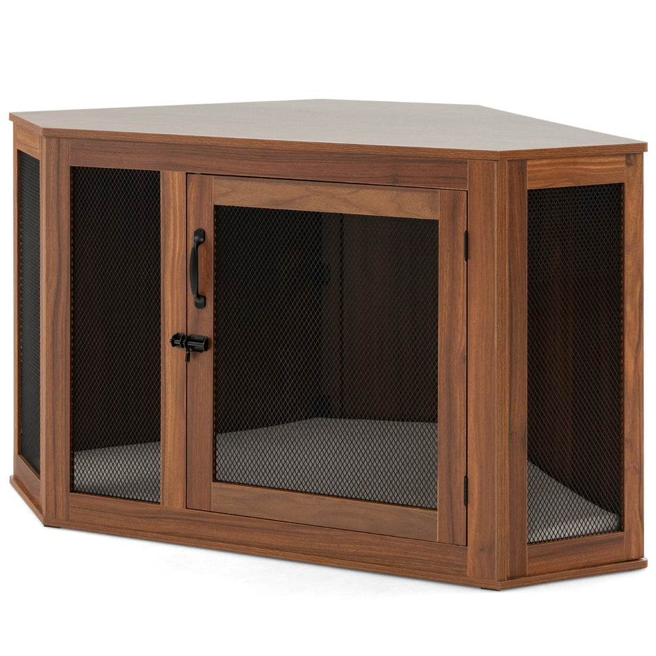 Hörnlåda – för hund i med nätdörr och kudde – 114 x 59 x 67 cm – Brun