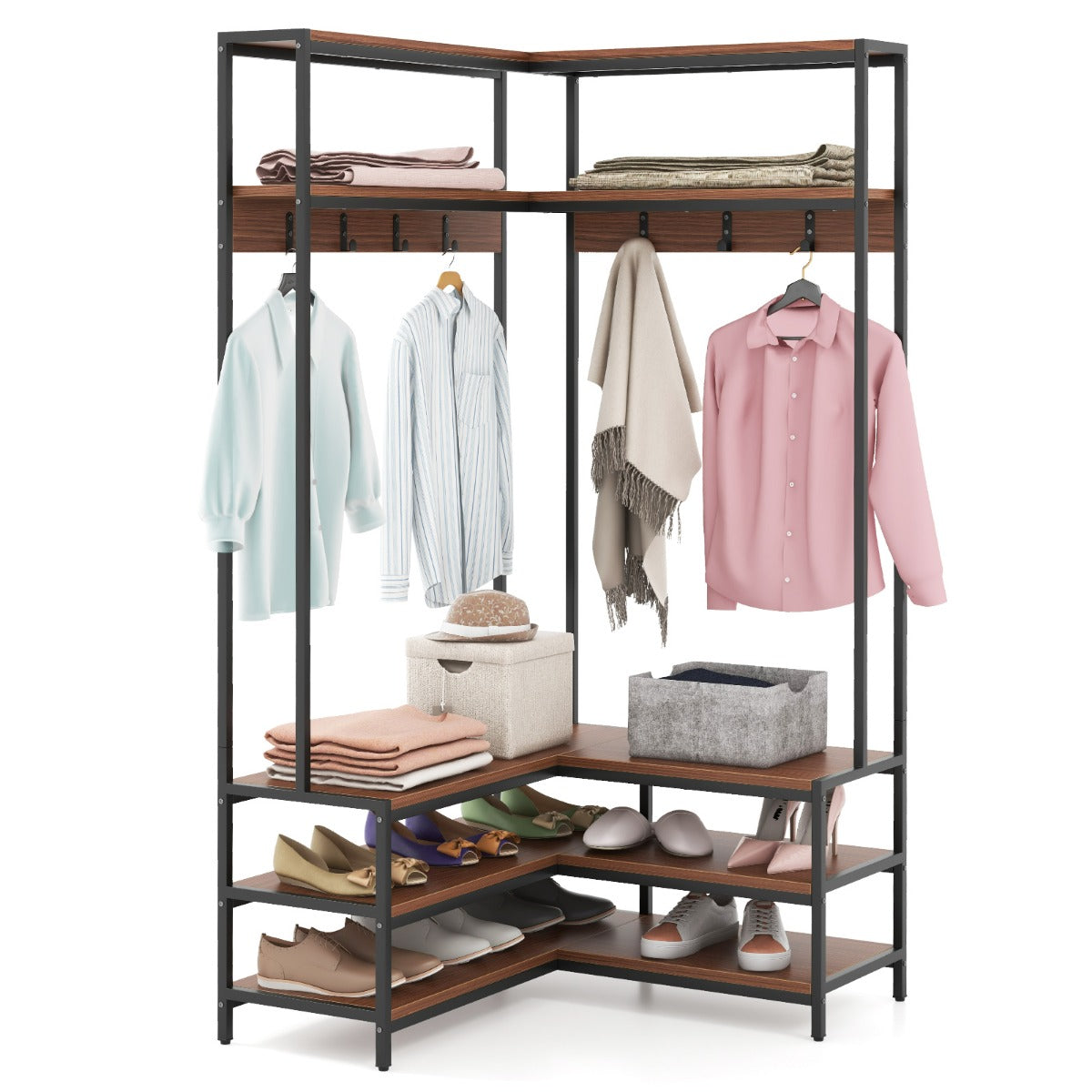 Hörnklädhängare – med bänk L formad öppna hyllor – 90 x 90 x 178 cm – Valnöt