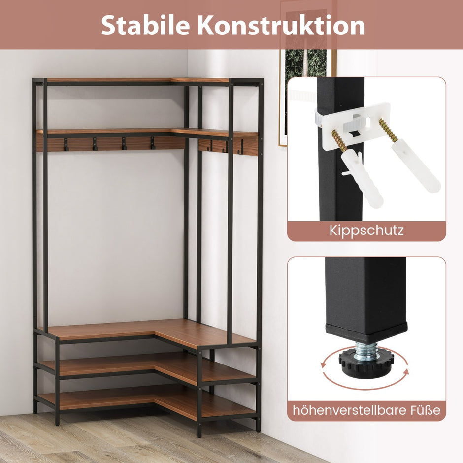 Hörnklädhängare – med bänk L formad öppna hyllor – 90 x 90 x 178 cm – Valnöt