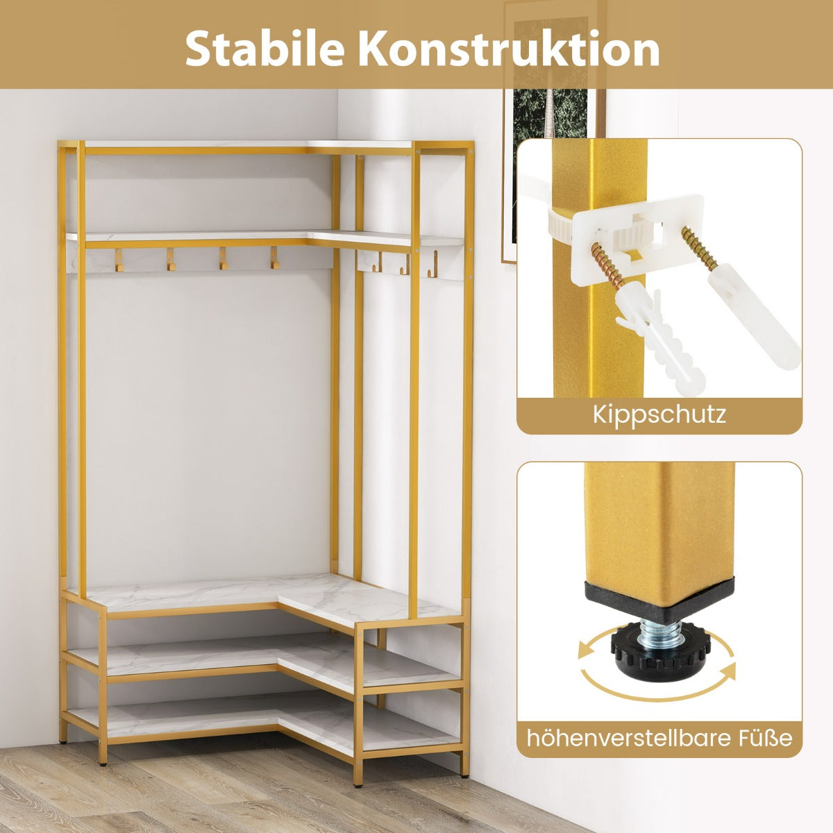 Hörnklädhängare – med bänk L formad öppna hyllor – 90 x 90 x 178 cm – Vit
