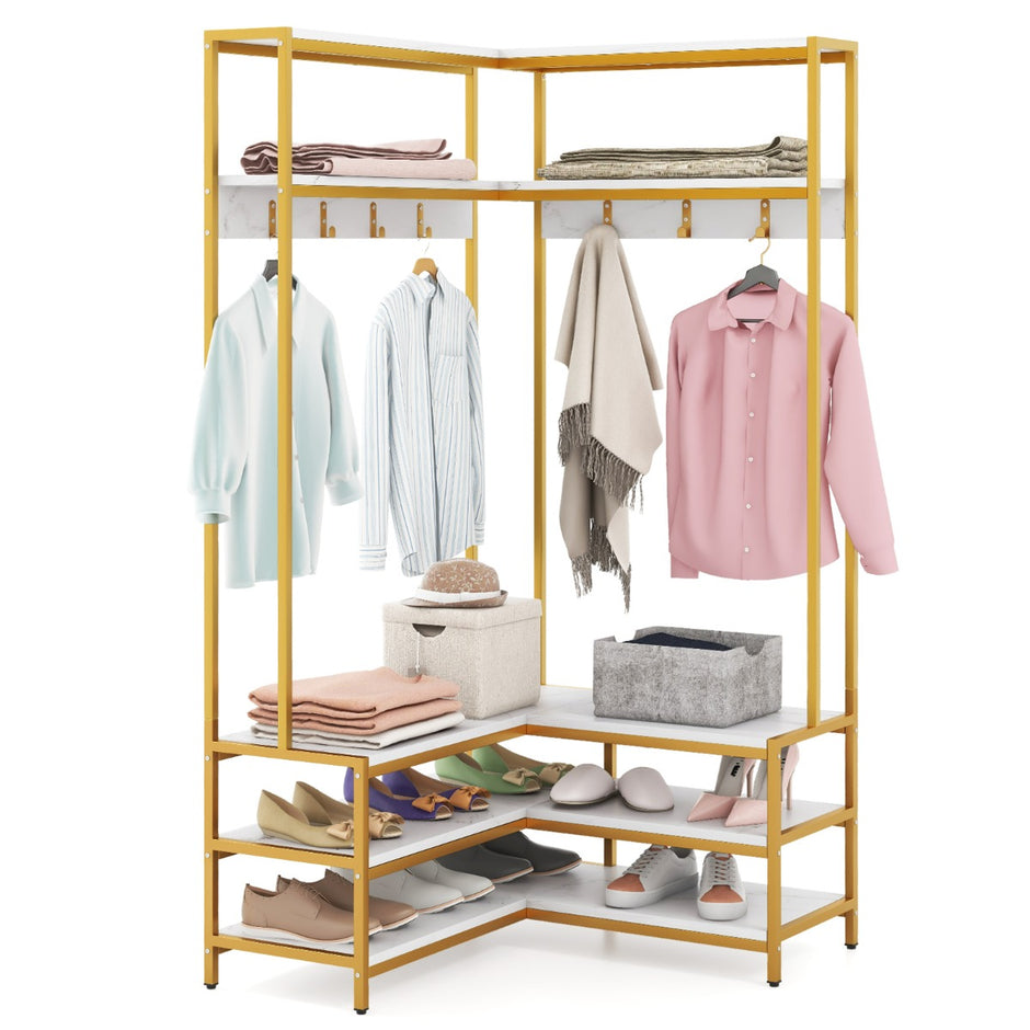 Hörnklädhängare – med bänk L formad öppna hyllor – 90 x 90 x 178 cm – Vit