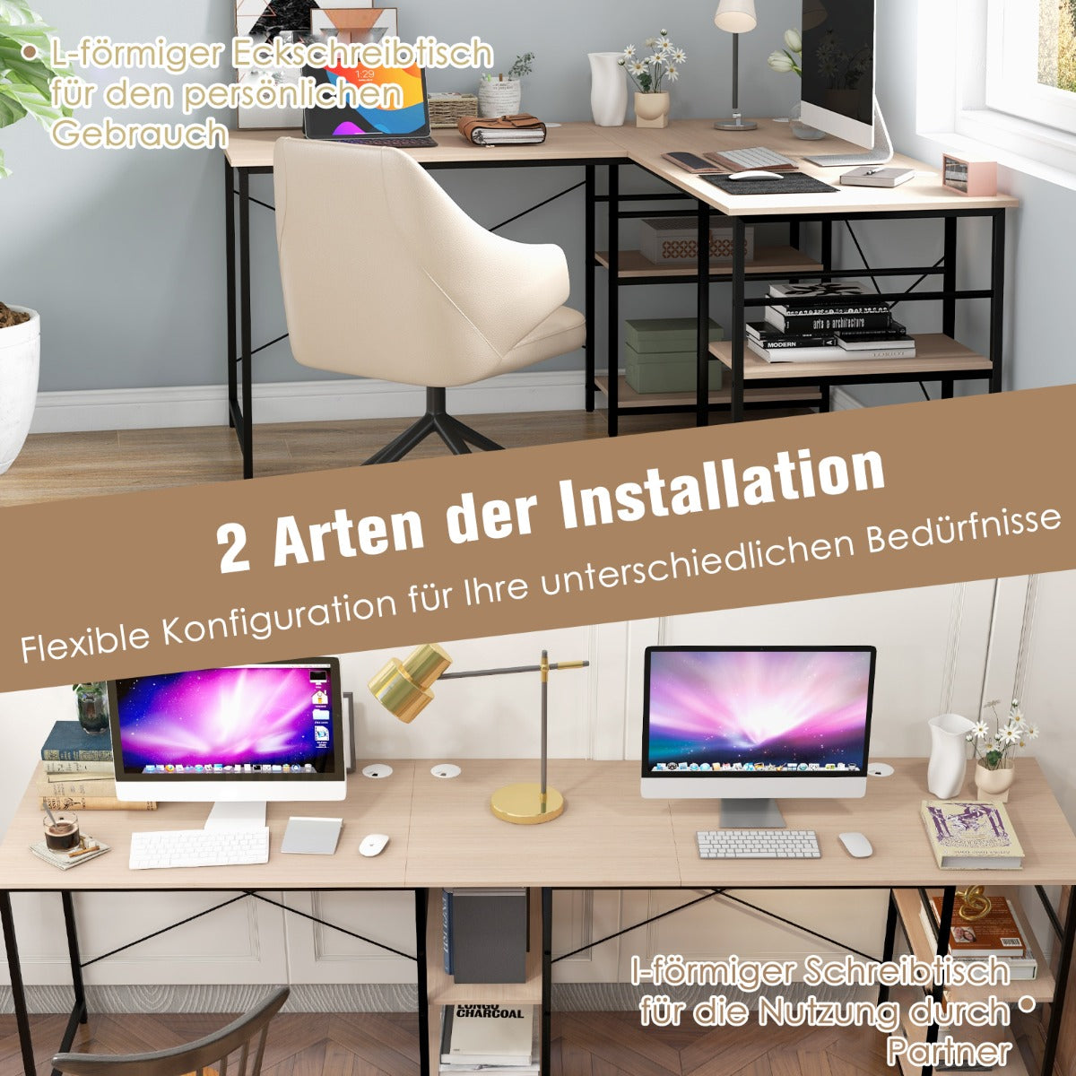 Stort – L format datorbord med förvaringsfack för personer CPU stativ naturligt – 4 2 – Natur