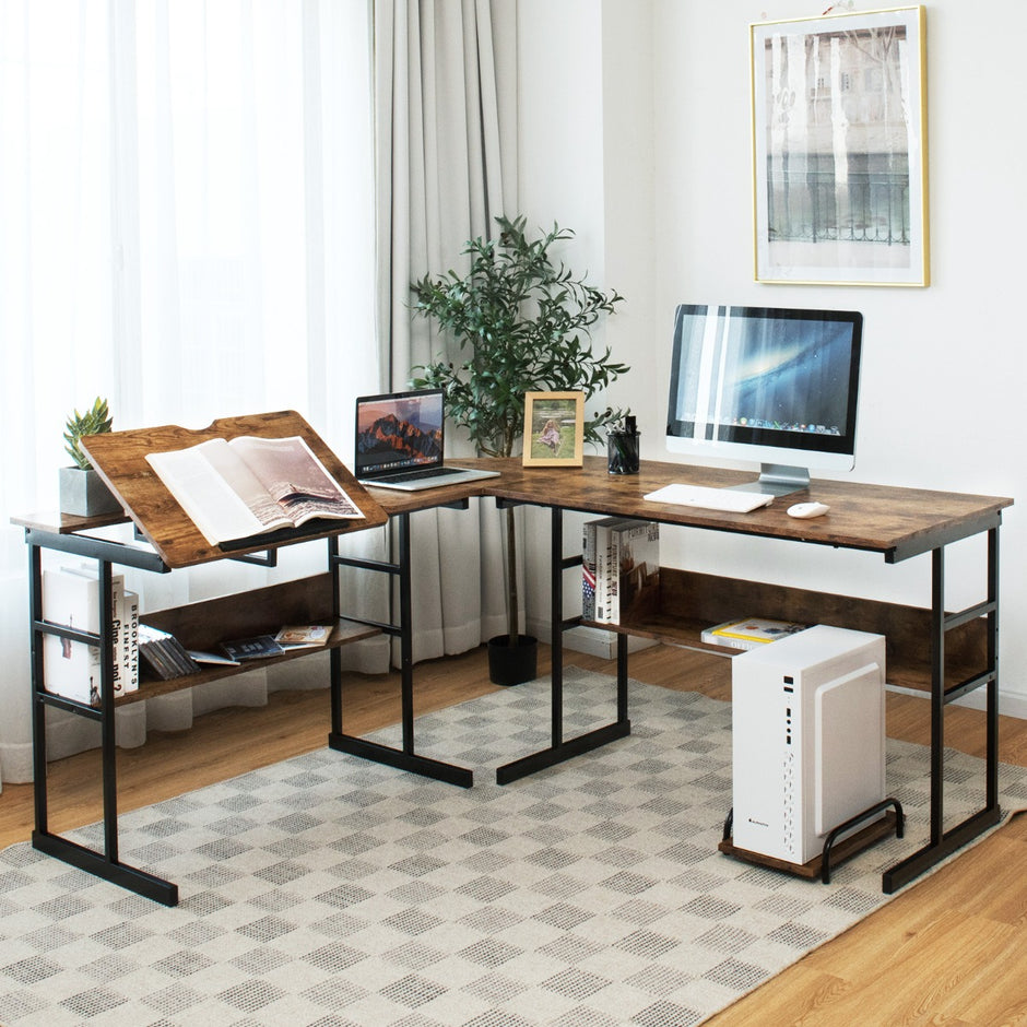 L – format skrivbord med fällbar bordsskiva nedre bokhylla och CPU stativ ritbord datorbord – 170 x 150 x 75 cm – Brun