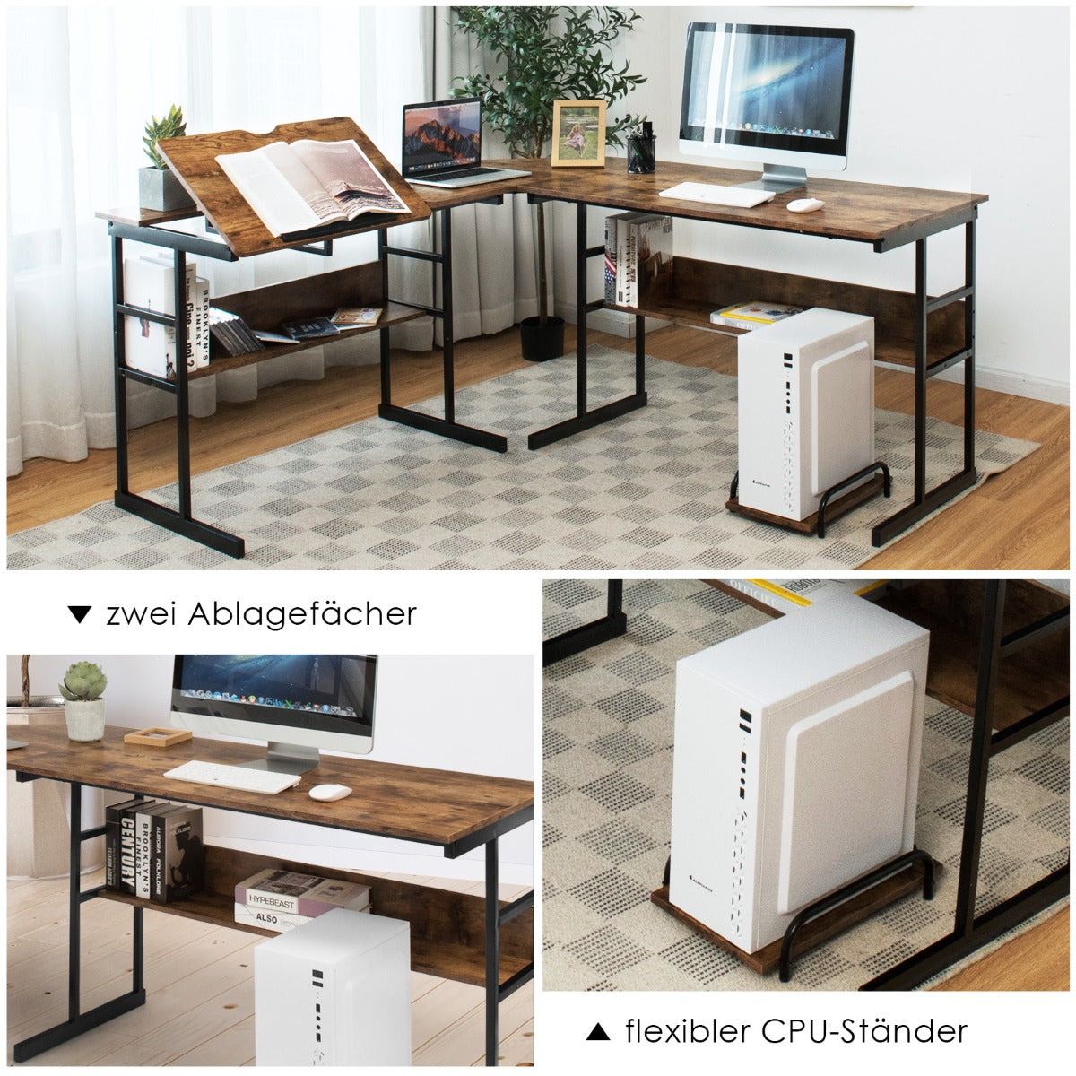L – format skrivbord med fällbar bordsskiva nedre bokhylla och CPU stativ ritbord datorbord – 170 x 150 x 75 cm – Brun