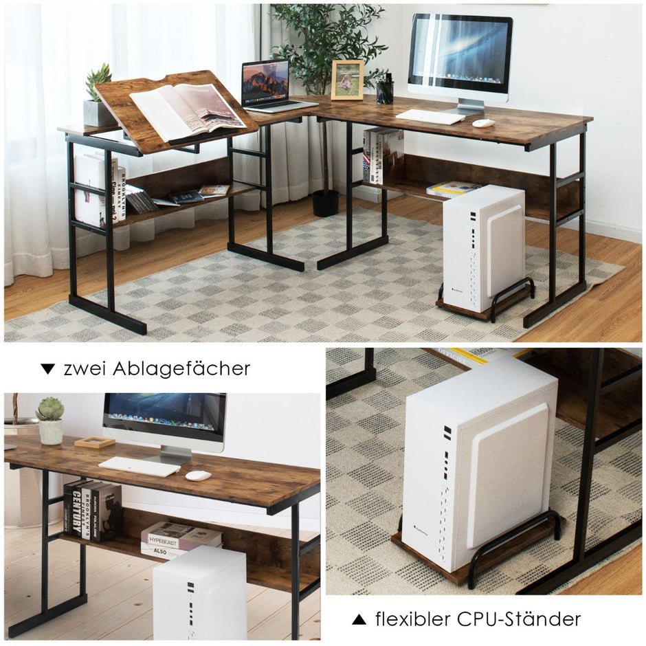 L – format skrivbord med fällbar bordsskiva nedre bokhylla och CPU stativ ritbord datorbord – 170 x 150 x 75 cm – Brun
