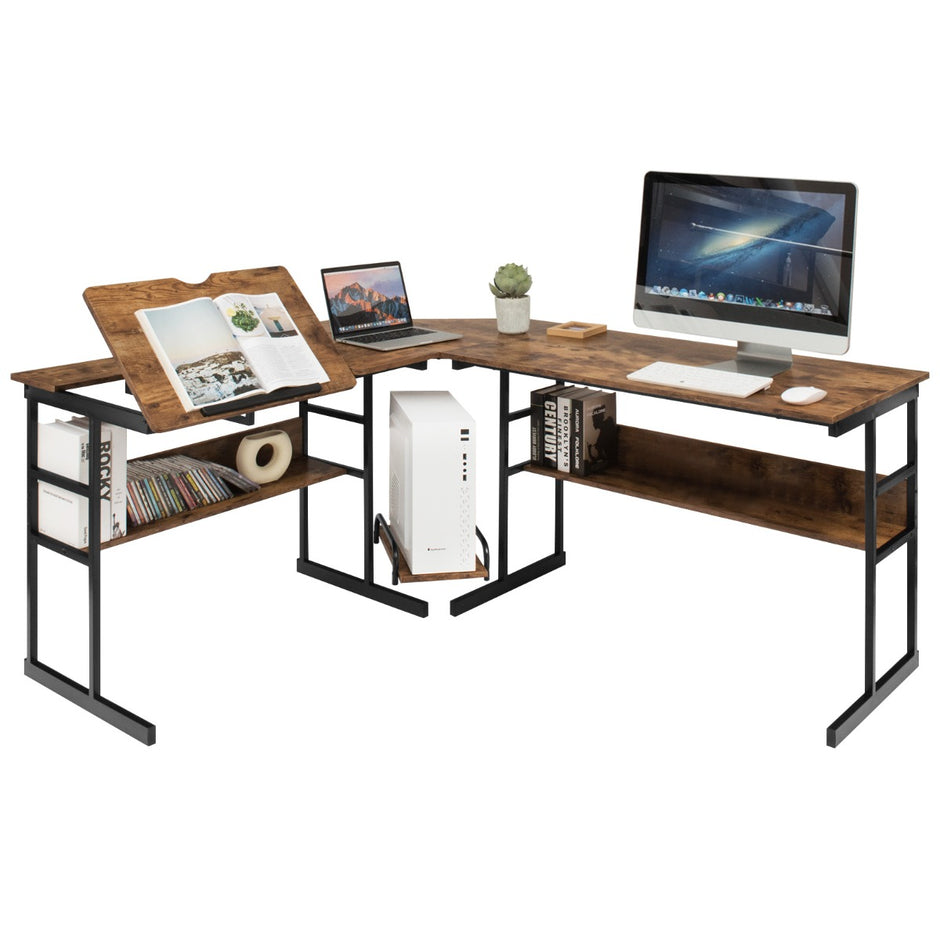 L – format skrivbord med fällbar bordsskiva nedre bokhylla och CPU stativ ritbord datorbord – 170 x 150 x 75 cm – Brun