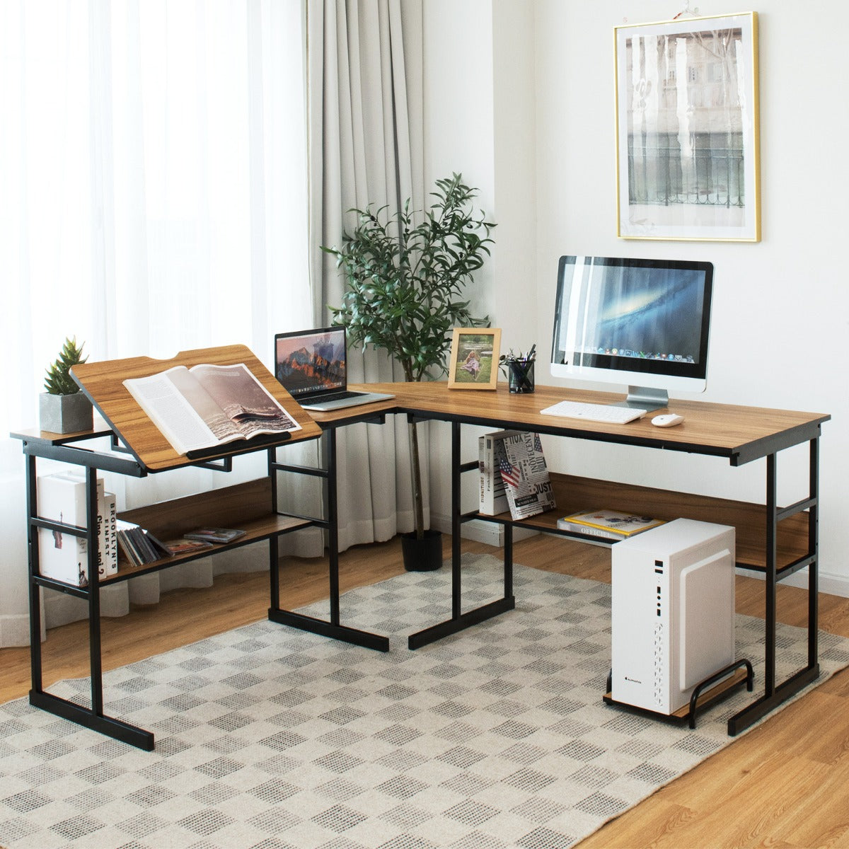 L – format skrivbord med tippbar bordsskiva nedre bokhylla och CPU stativ ritbord datorbord – 170 x 150 x 75 cm – Valnöt