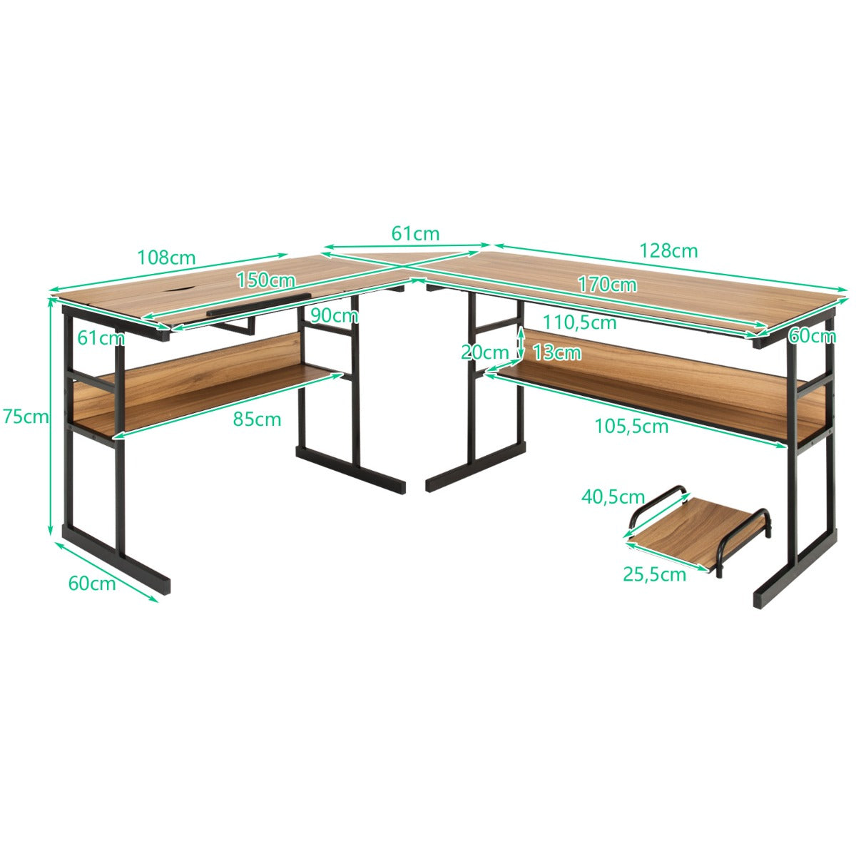 L – format skrivbord med tippbar bordsskiva nedre bokhylla och CPU stativ ritbord datorbord – 170 x 150 x 75 cm – Valnöt