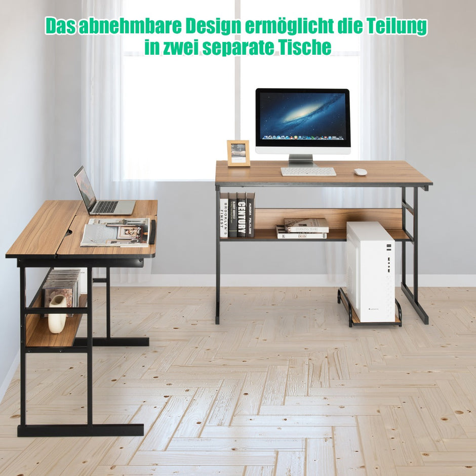 L – format skrivbord med tippbar bordsskiva nedre bokhylla och CPU stativ ritbord datorbord – 170 x 150 x 75 cm – Valnöt