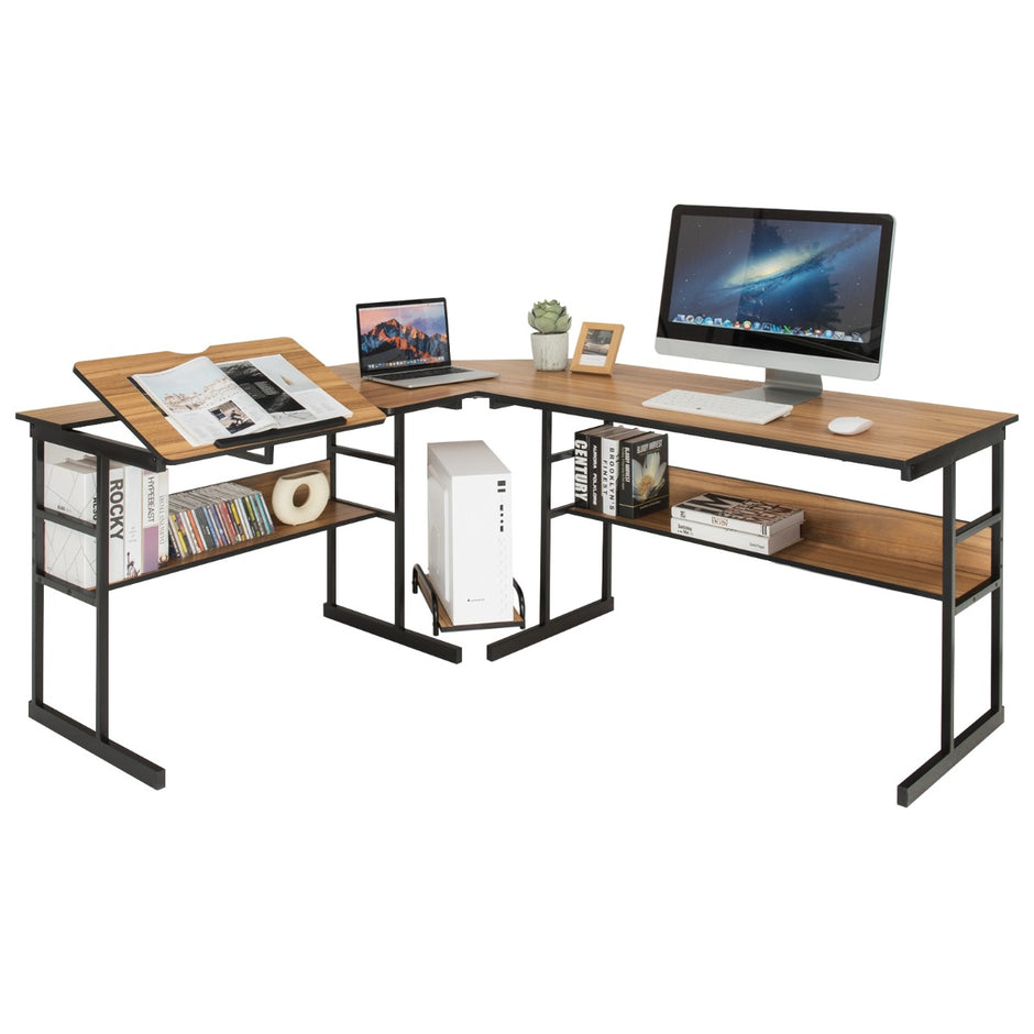 L – format skrivbord med tippbar bordsskiva nedre bokhylla och CPU stativ ritbord datorbord – 170 x 150 x 75 cm – Valnöt