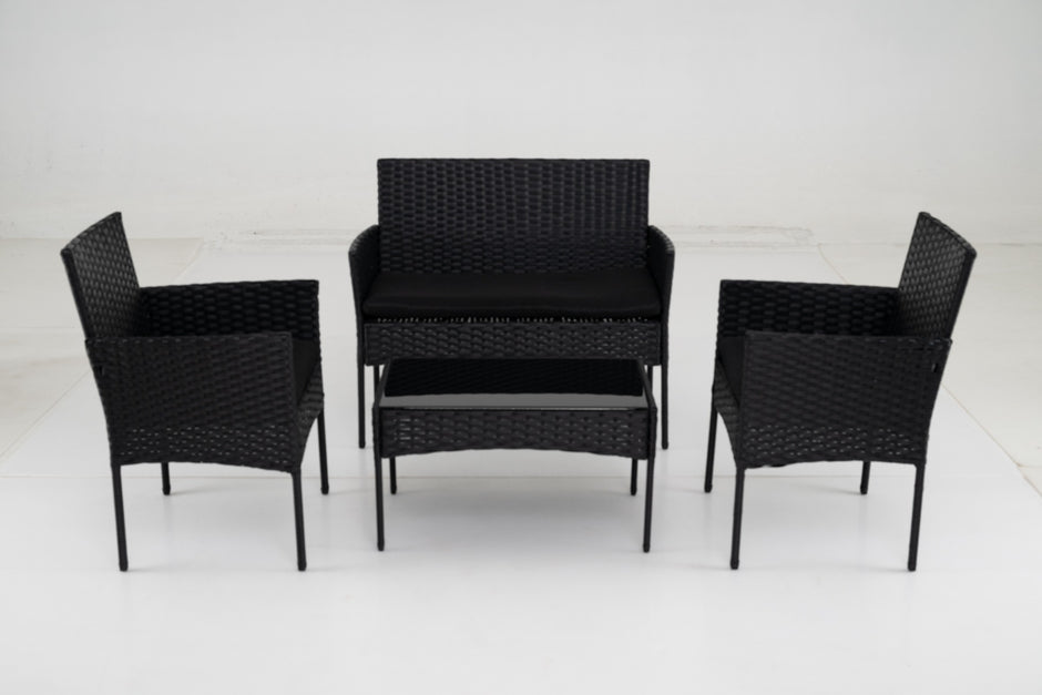 Rattangårdsmöbler – set med stolar, bänk, bord och kudde, sittgrupp, trädgårdsmöbler – 2 – Svart