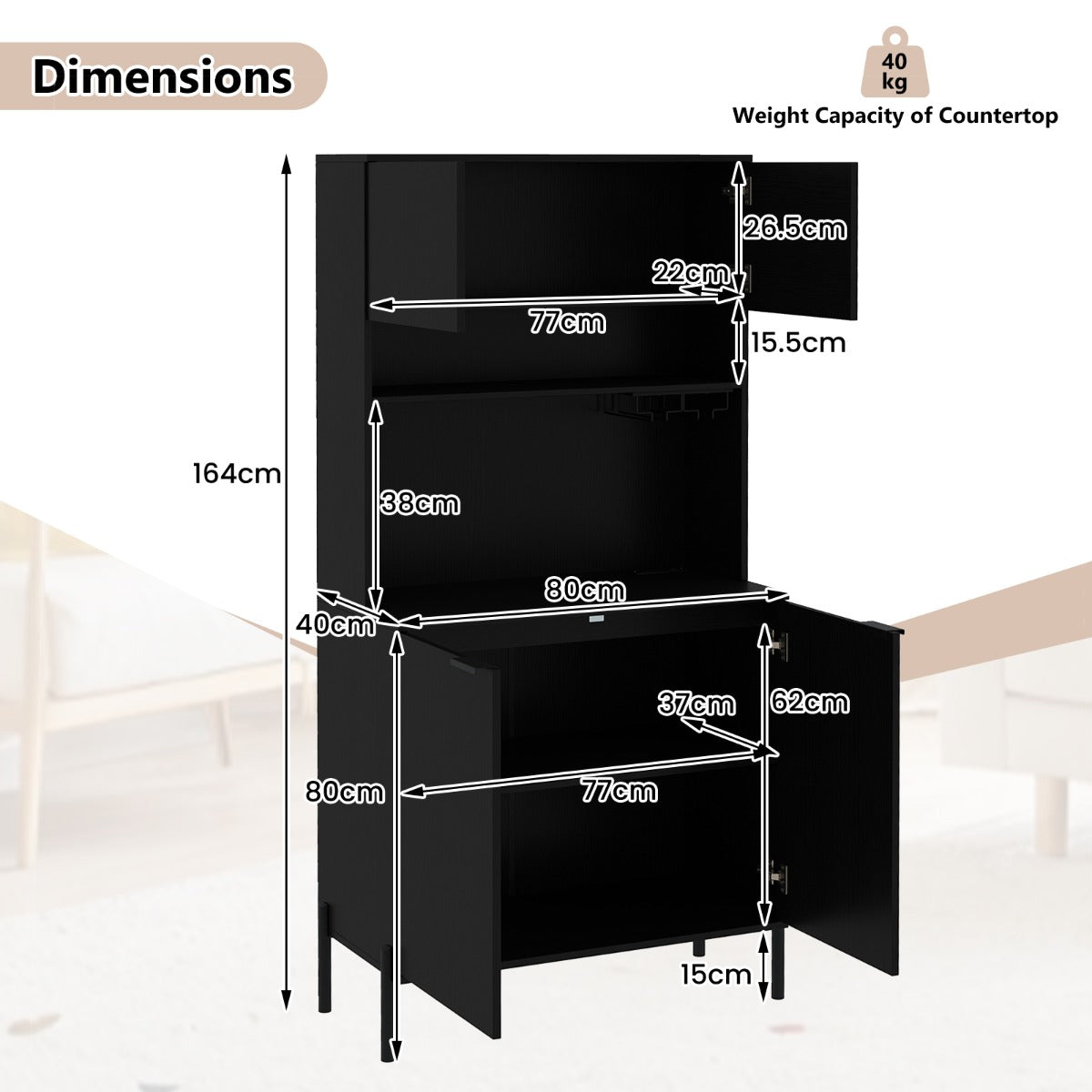 Köksskåp – med Laddningsstation hög Vinskåp Vinglas Hållare Buffé Sideboard – 164 cm – Svart
