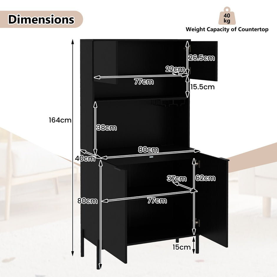 Köksskåp – med Laddningsstation hög Vinskåp Vinglas Hållare Buffé Sideboard – 164 cm – Svart