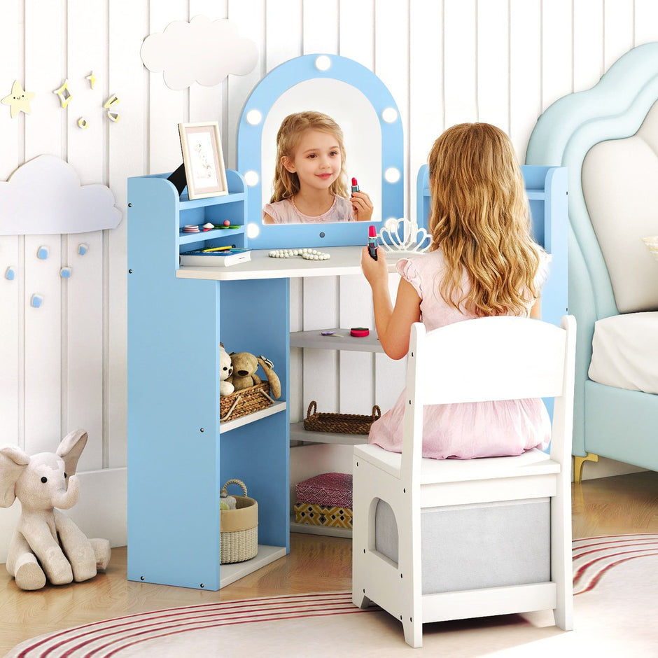 Hörn – sminkbord för barn med spegel och belysning Prinsess stol set – Blå