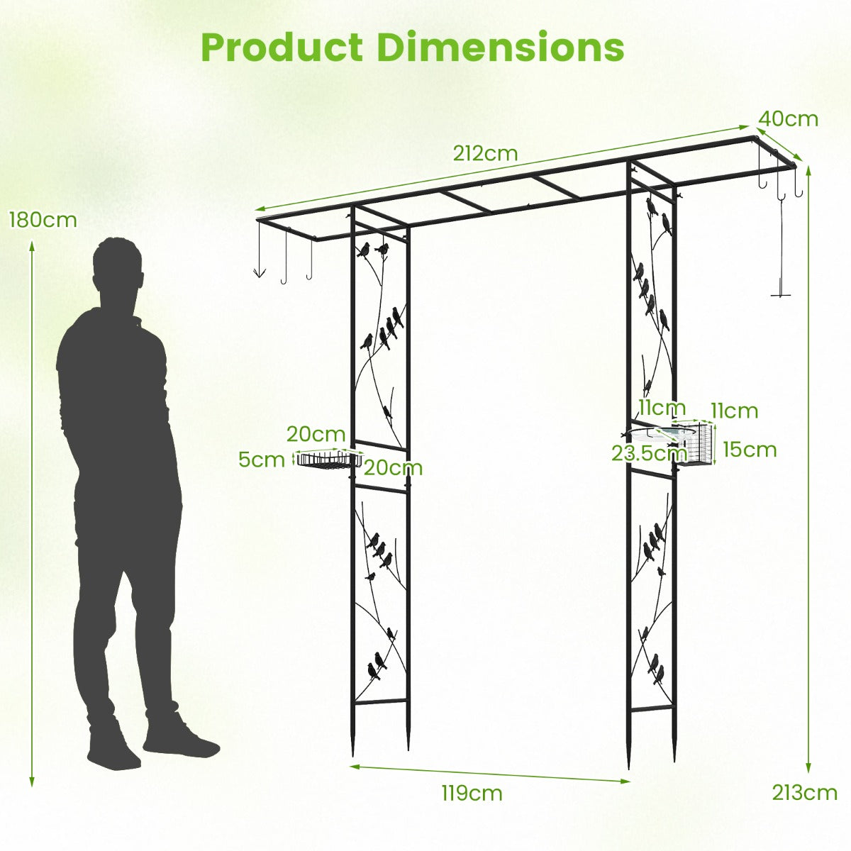 Trädgårdsbåge – med matstation, robust vattenskål, gallerbricka, fettmatare – 213 cm – Svart
