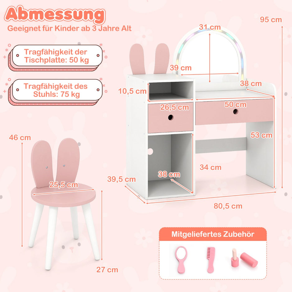Sminkbord – för barn med belysning upplyst spegel Toalettbord öppna hyllor Vitt – Vit