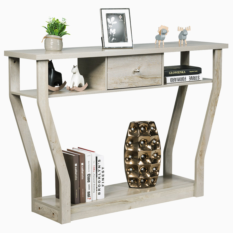 Träkonsolbord – med låda och hylla Entrébord Sidobord – 120 x 30 x 81 cm – Grå