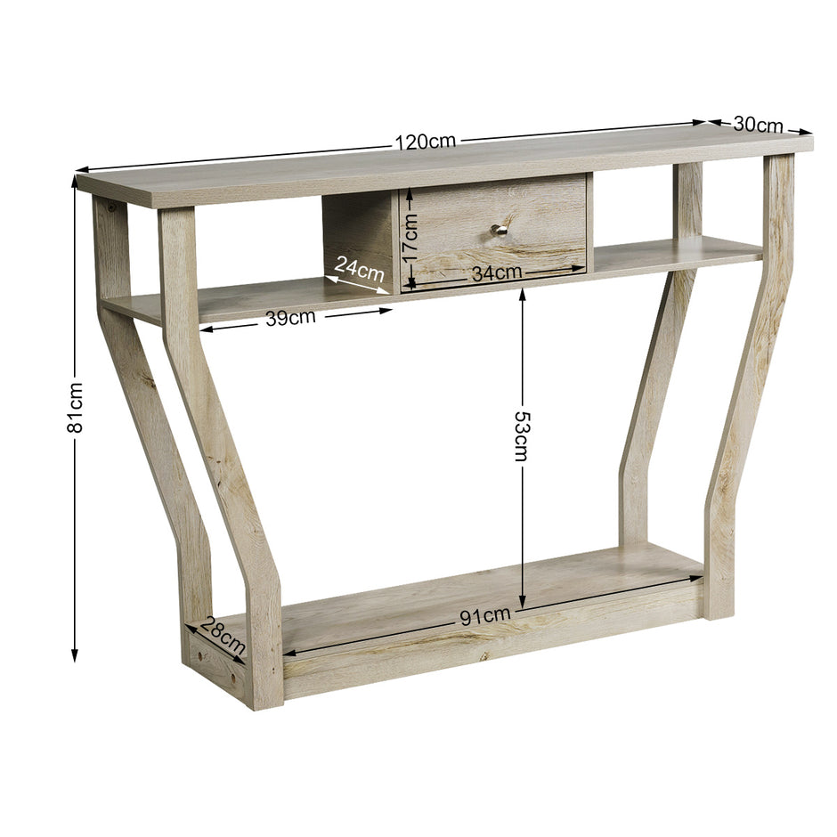 Träkonsolbord – med låda och hylla Entrébord Sidobord – 120 x 30 x 81 cm – Grå
