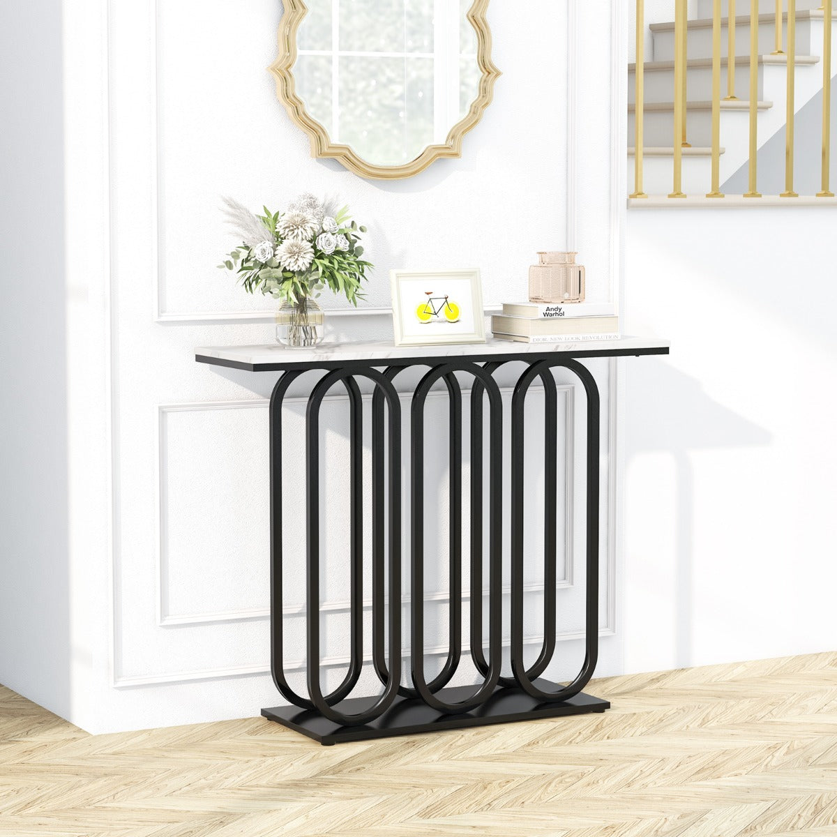 Konsolbord – tillverkat av konstgjord marmor med justerbara fotkuddar och metallram tippskydd – 100 cm – Svart