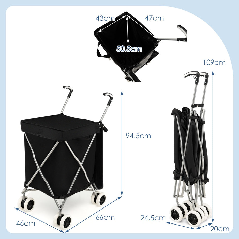 Kundvagn – Fällbar Shoppingvagn med hjul – 66 x 46 x 94,5 cm – Svart