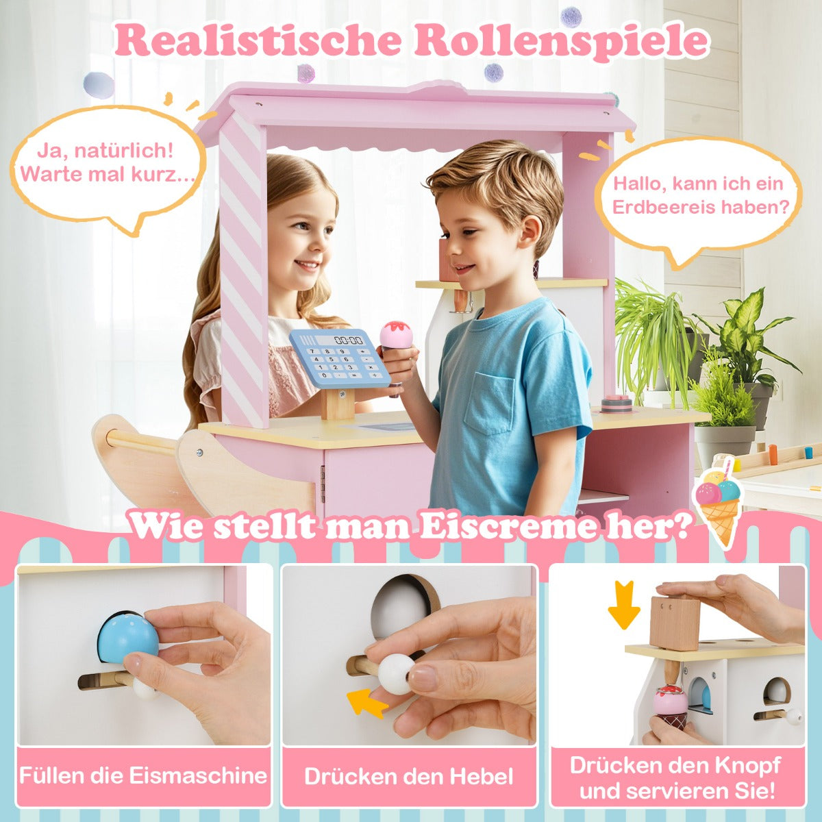 Glassbil – Barn med Leksaksaffär Trä glassmaskin – Rosa