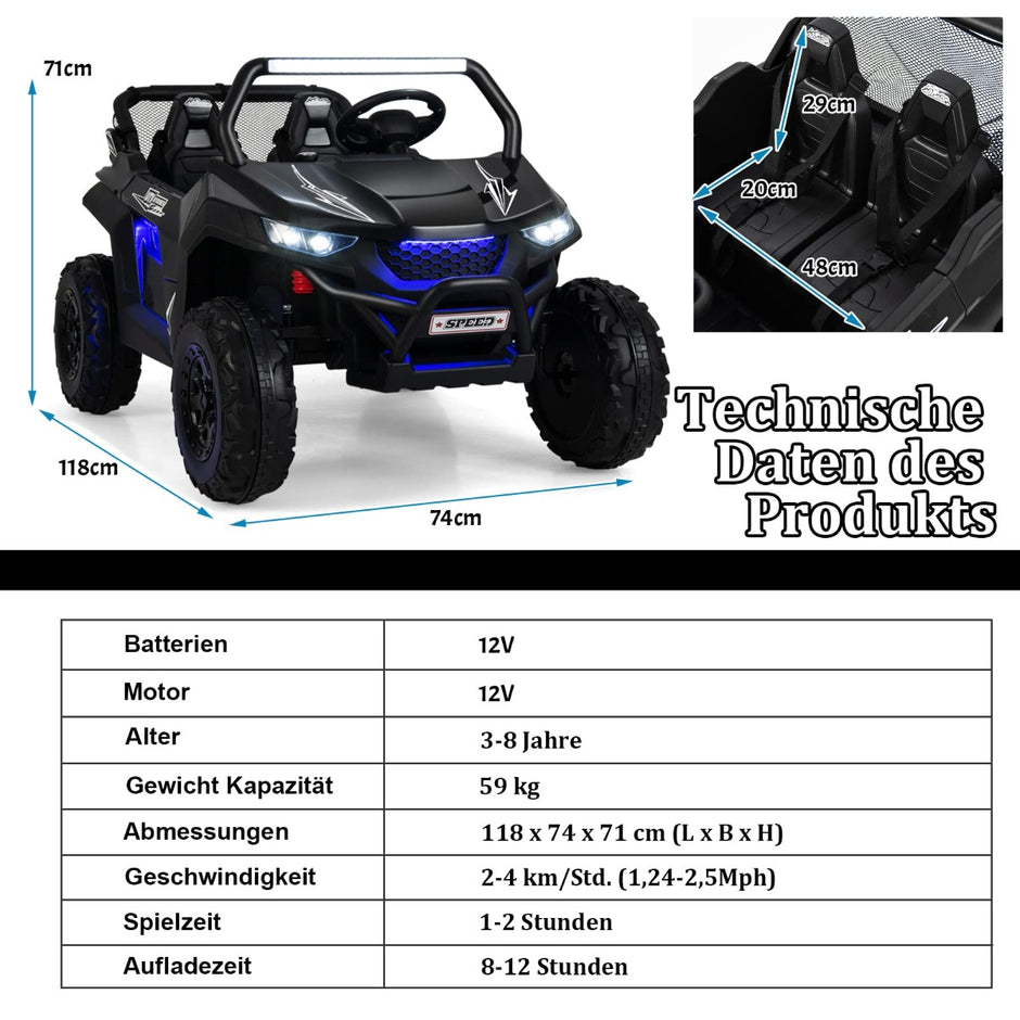 sits – barnbil med 2,4G fjärrkontroll 12V UTV musik och strålkastare – 2 118 x 74 x 71 cm – Svart