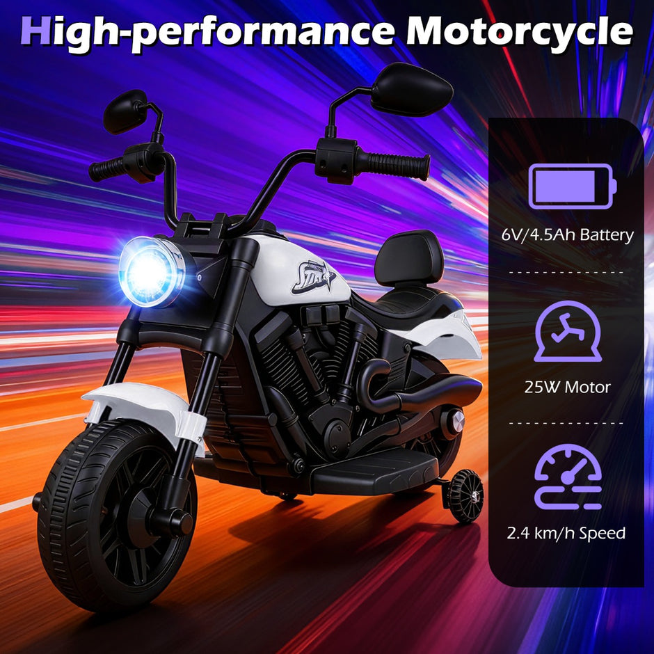6V – elektrisk barnmotorcykel Chopper med musik strålkastare fotpedal och stödhjul – 2 – Vit
