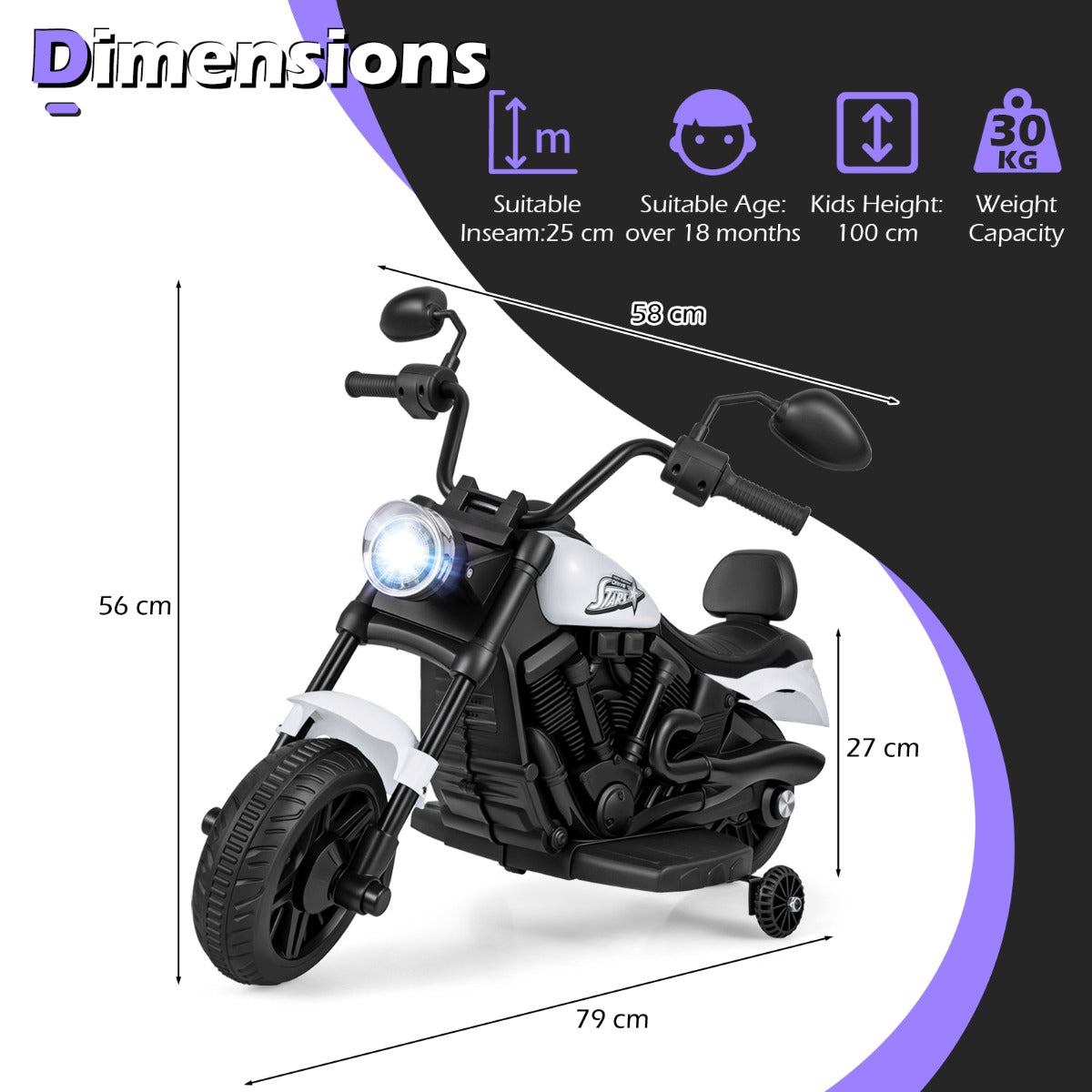6V – elektrisk barnmotorcykel Chopper med musik strålkastare fotpedal och stödhjul – 2 – Vit