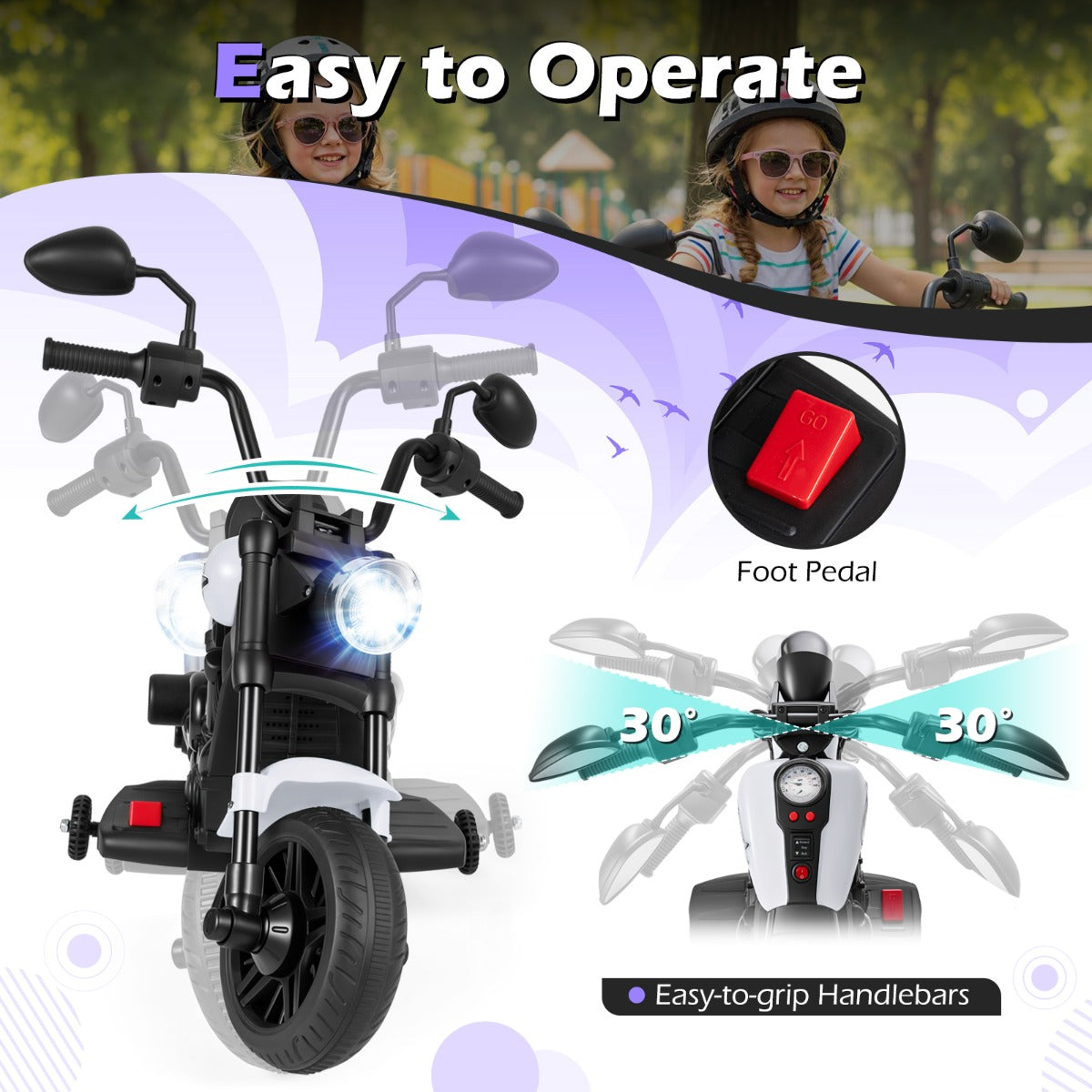 6V – elektrisk barnmotorcykel Chopper med musik strålkastare fotpedal och stödhjul – 2 – Vit