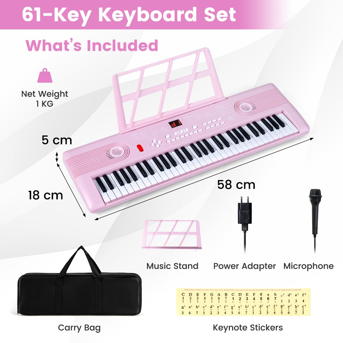 Tangenter – Pianoklavier med stativ och mikrofon bärväska Digitalpiano E – 61 – Rosa