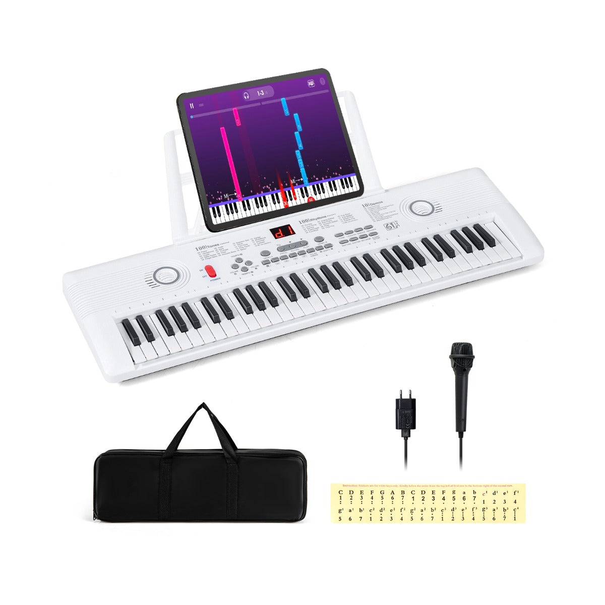 Tangenter – Pianoklavier med stativ och mikrofon bärväska, Digitalpiano E – 61 – Vit