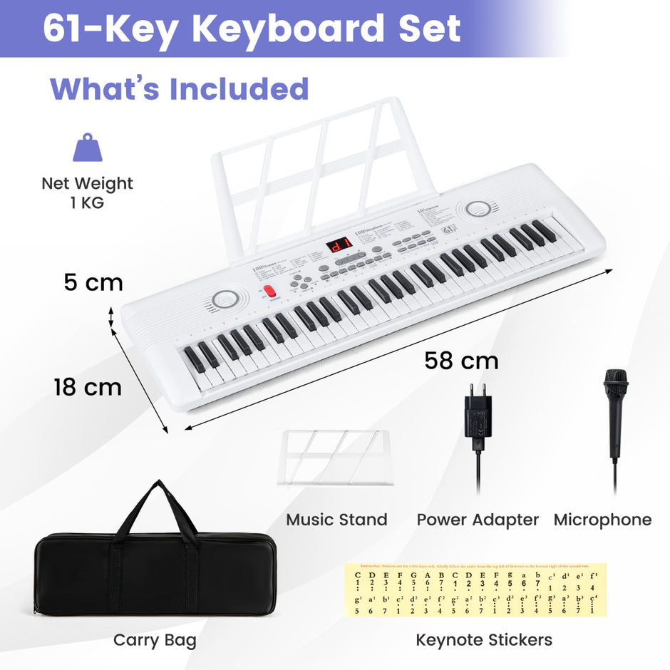 Tangenter – Pianoklavier med stativ och mikrofon bärväska, Digitalpiano E – 61 – Vit