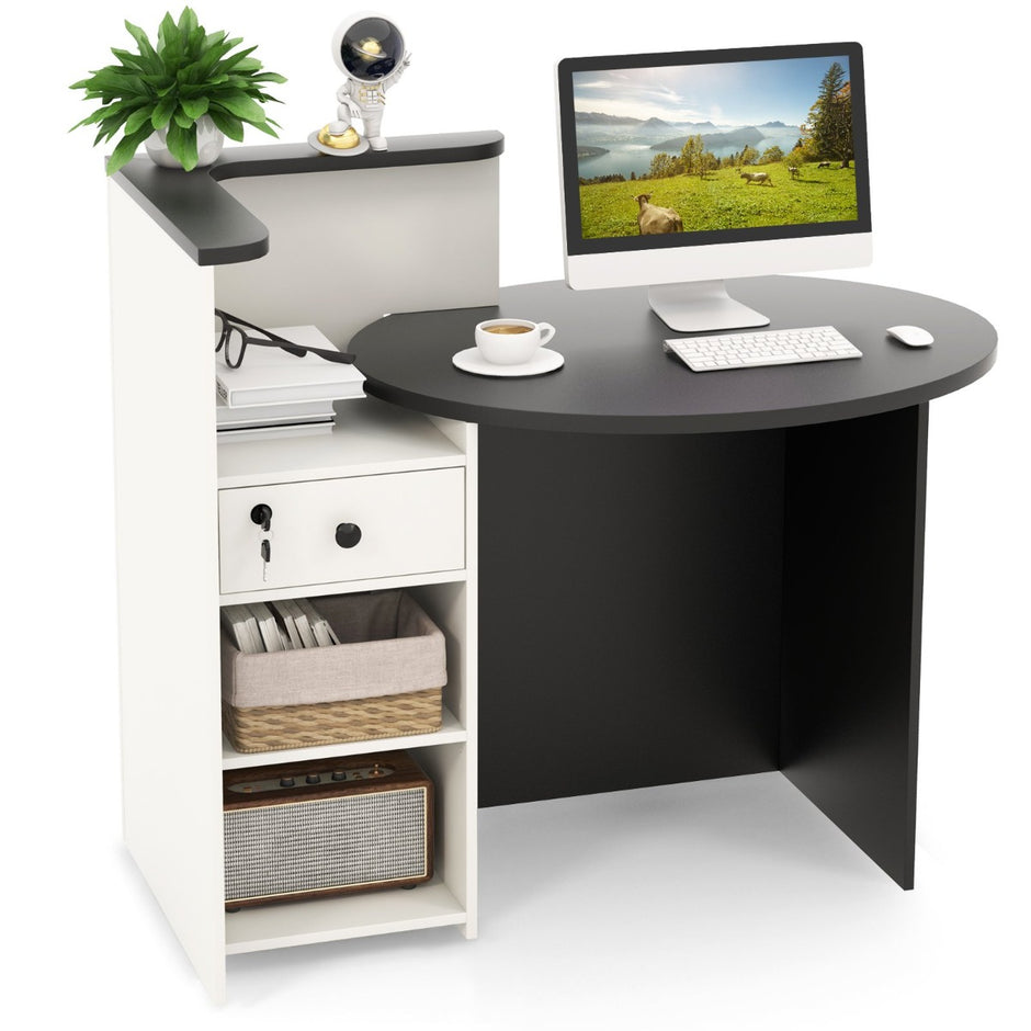 Receptiondisk – med låsbar låda, justerbar hylla, oval bordsskiva, och – Svart och vit