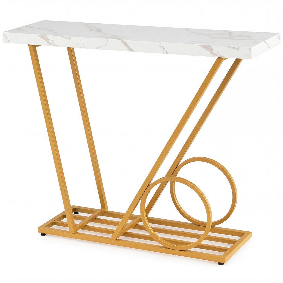 Konsollbord – Modern Infälldsbord med Marmor Optik och Vagn inspirerad Design Sidobord – 100 cm – Vit