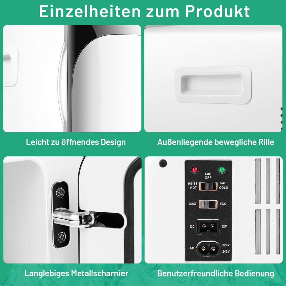Minikyl – i Kyl och värmefunktion Bärbar frys + Energiklass E – 15 L 2 1 27 x 33 x 38 cm – Svart och vit