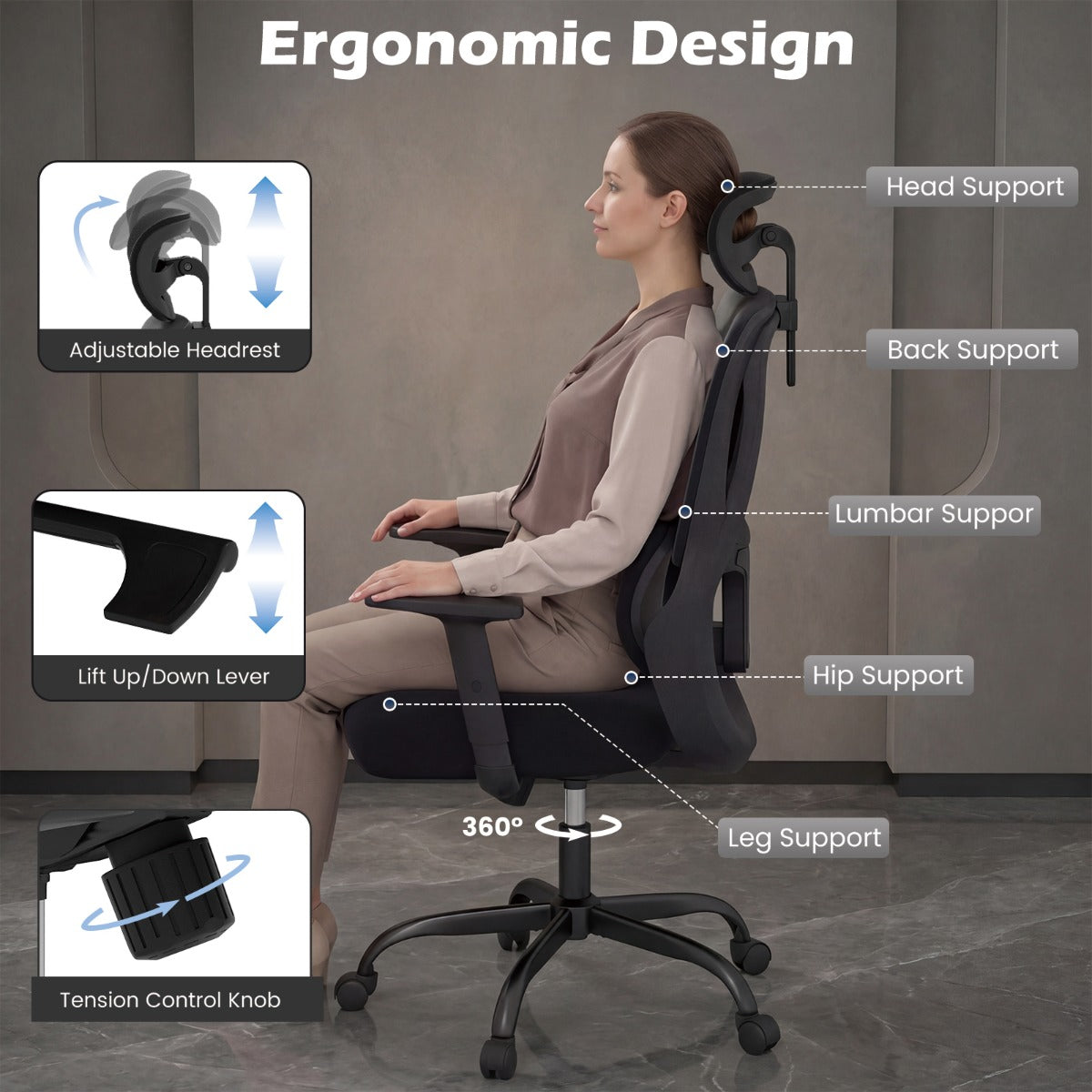 Ergonomisk – kontorsstol med justerbar huvudstöd och ländryggsstöd skrivbordsstol – Svart