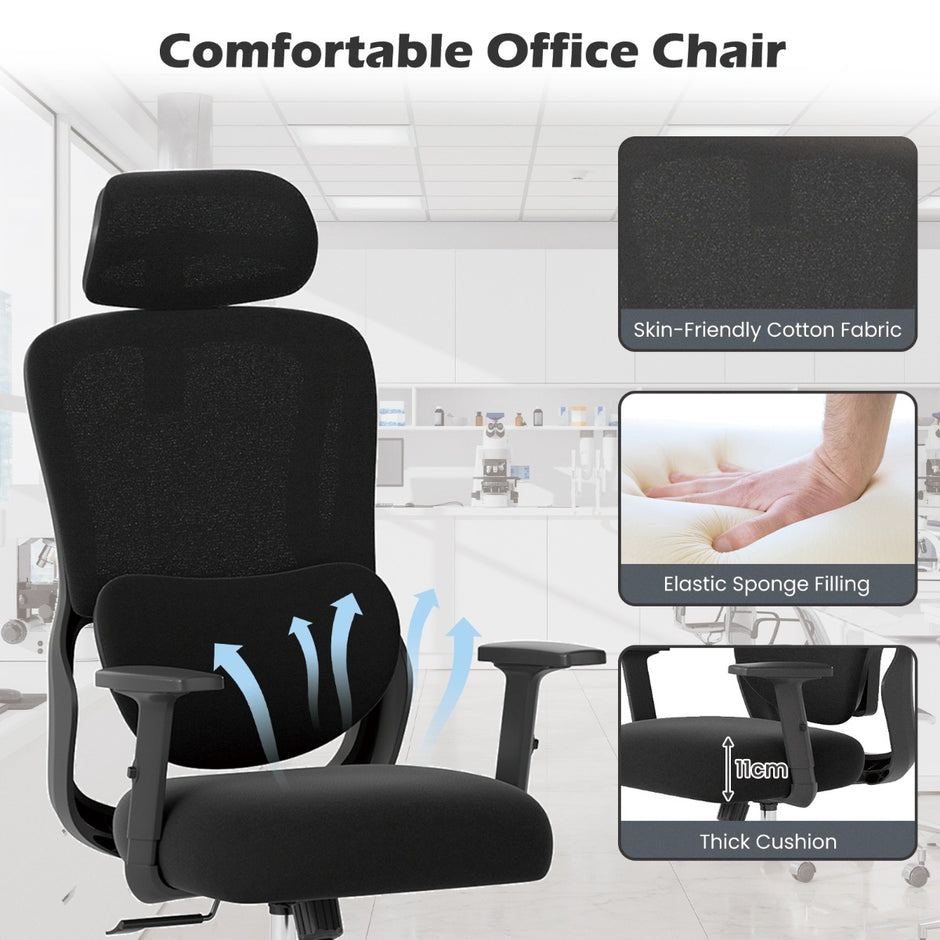 Ergonomisk – kontorsstol med justerbar huvudstöd och ländryggsstöd skrivbordsstol – Svart