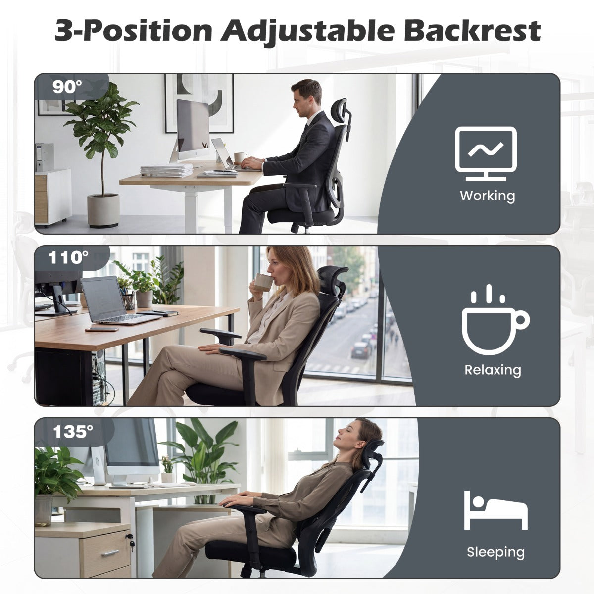 Ergonomisk – kontorsstol med justerbar huvudstöd och ländryggsstöd skrivbordsstol – Svart