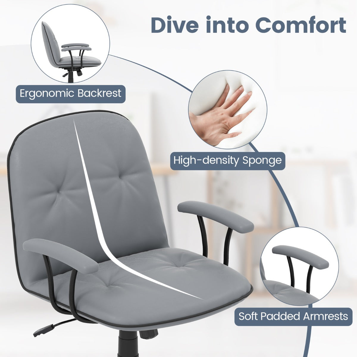 Ergonomisk – kontorsstol, konstläder skrivbordsstol med stoppade armstöd och bred sits, – . – Grå