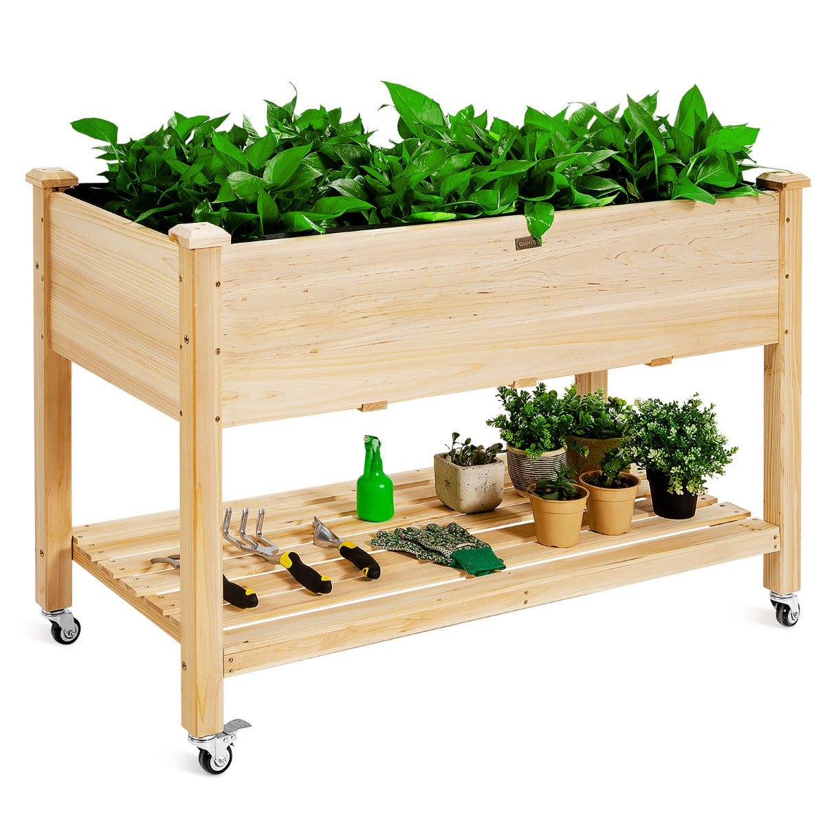 Upphöjd – trädgårdsbädd i trä med låsbara hjul Naturlig – 120 x 59 x 84 cm – Natur