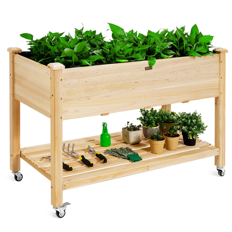 Upphöjd – trädgårdsbädd i trä med låsbara hjul Naturlig – 120 x 59 x 84 cm – Natur